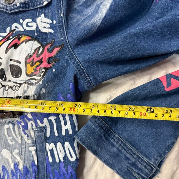 R3bel Denim Jacket Graffiti Skull Studded Distressed Jean Jacket Large - Picture 5 of 9